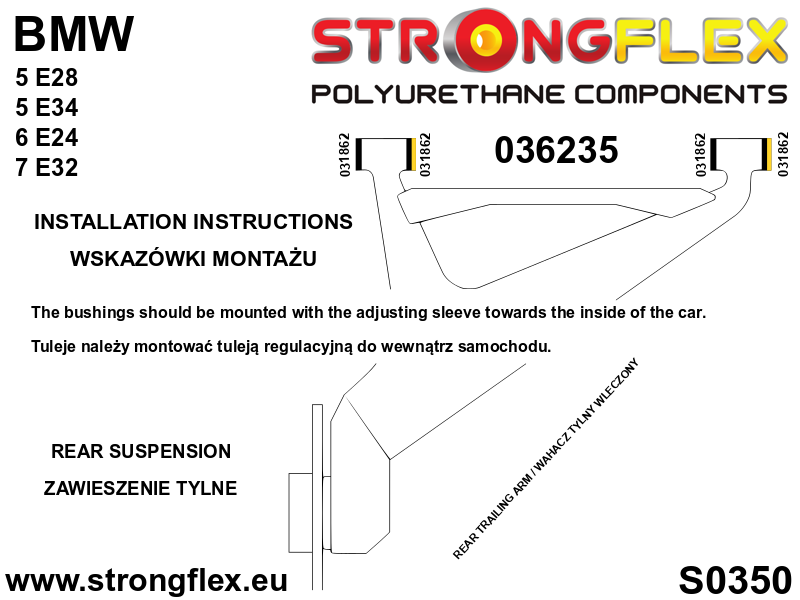 036235A Rear trailing arm bush kit eccentric SPORT Sport (Yellow) BMW Seria 5 II (81-88) E28