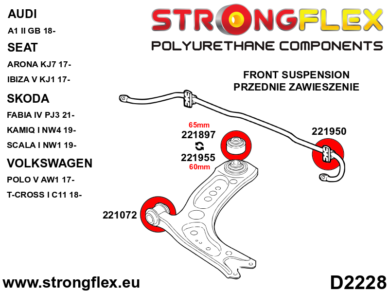 221897A Front lower arm - rear bush 65mm SPORT Sport (Yellow) Audi A3 / S3 / RS3 III (13-21) 8V