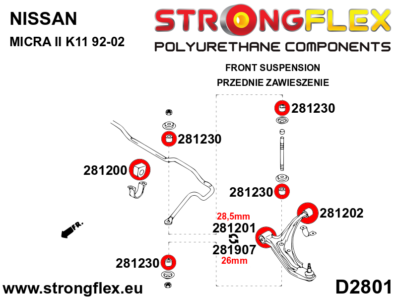 281201A Front wishbone - front bush 28,5mm SPORT Sport (Yellow) Nissan Micra II (92-02) K11