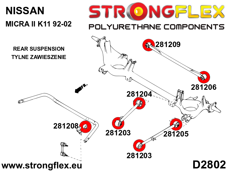 281203B Rear arm-front bushing Standard (Red) Nissan Micra II (92-02) K11