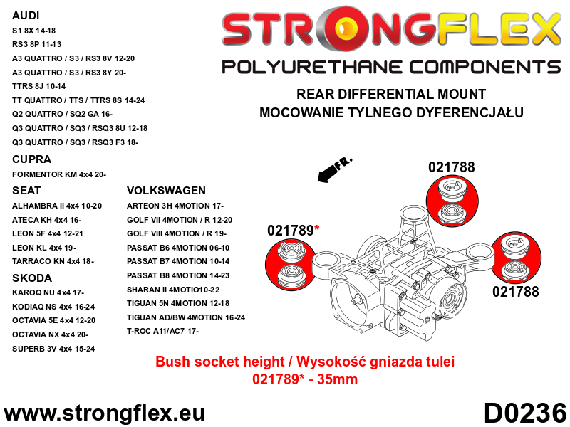 021789B Rear diff mount - front bush 35mm Standard (Red) Audi A3 / S3 / RS3 II (03-13) 8P