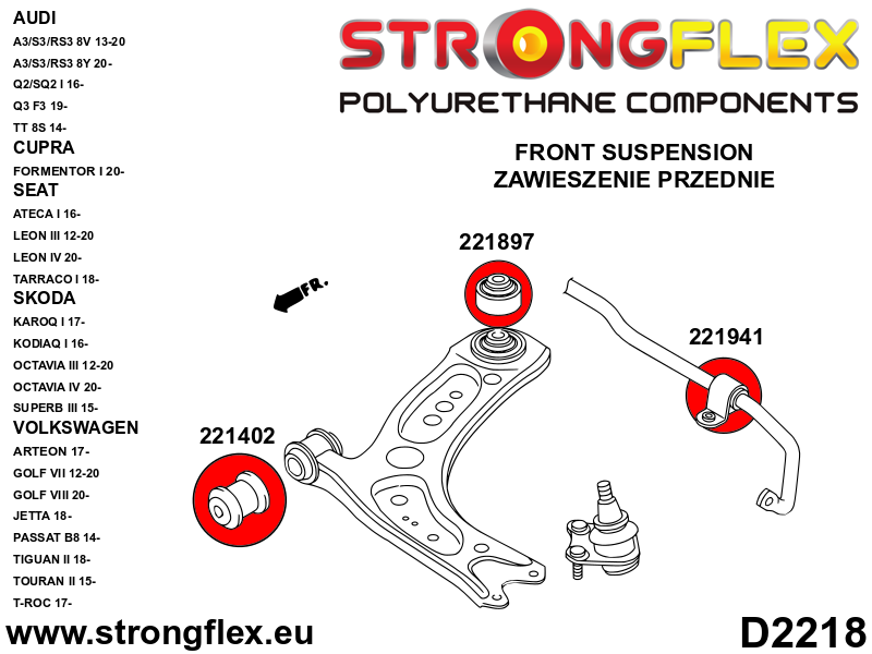 026275B Full suspension polyurethane bush kit Standard (Red) Audi A3 / S3 / RS3 III (13-21) 8V