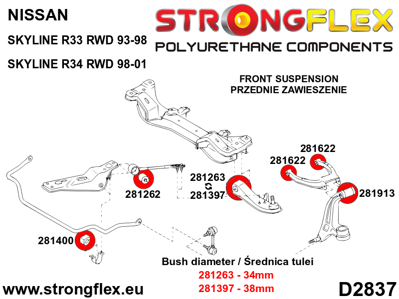 281263A Front inner track control arm bush 34mm SPORT Sport (Yellow) Nissan S-chassis (180SX / 200SX / 240SX / Silvia) V (88-98) S13