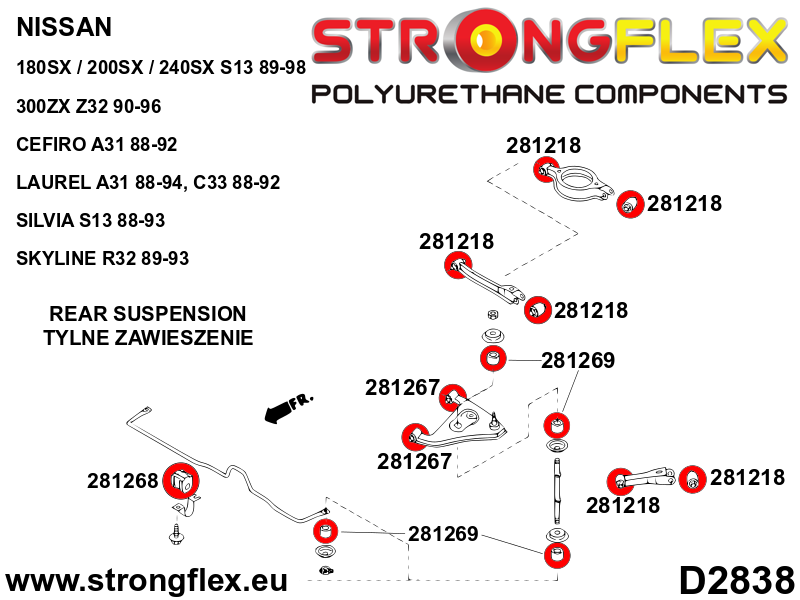 286084B Full suspension bush kit Standard (Red) Nissan S-chassis (180SX / 200SX / 240SX / Silvia) V (88-98) S13