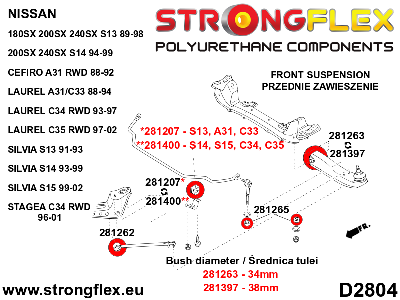 286116B Full suspension bush kit Standard (Red) Nissan S-chassis (180SX / 200SX / 240SX / Silvia) VI (94-99) S14