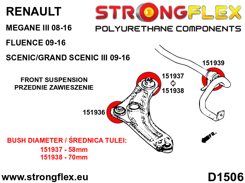 151938B Front lower arm - rear bush 70mm Standard (Red) Renault Scenic III (09-16)