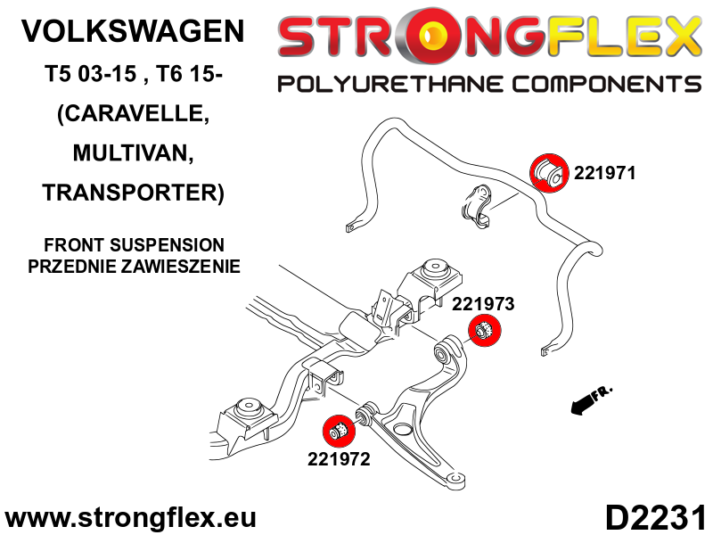 221973A Front lower wishbone bush – rear SPORT Sport (Yellow) Volkswagen T5 (03-15) Caravelle, Multivan, Transporter