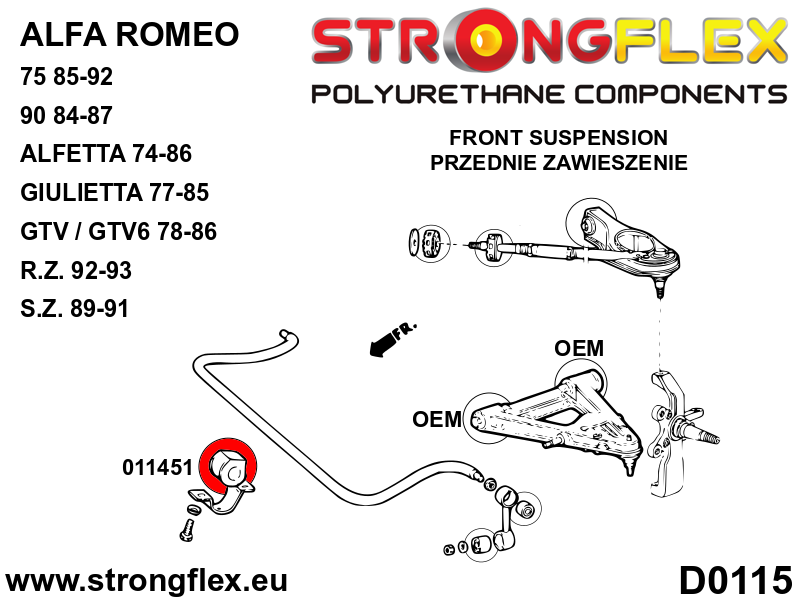 011451B Front anti roll bar bush Standard (Red) Alfa Romeo 75 / Milano (85-92) type 161 / 162B