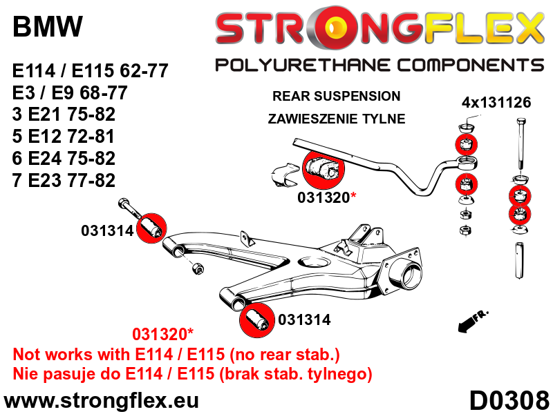 036125B Rear suspension bush kit Standard (Red) BMW Seria 7 I (77-86) E23