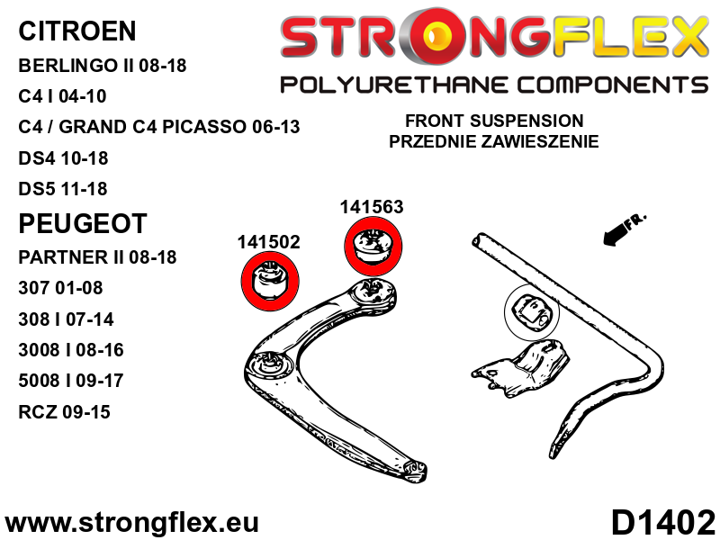 141563A Front arm rear bush SPORT Sport (Yellow) Peugeot 206 / 206+ (98-12)