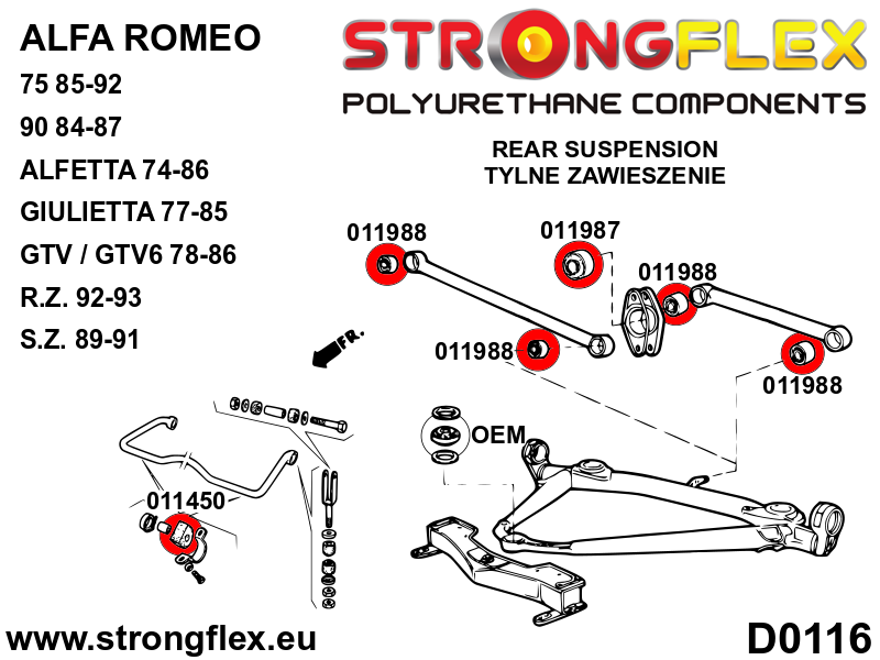 011450B Rear anti roll bar bush Standard (Red) Alfa Romeo 75 / Milano (85-92) type 161 / 162B