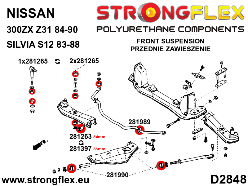 281263A Front inner track control arm bush 34mm SPORT Sport (Yellow) Nissan S-chassis (180SX / 200SX / 240SX / Silvia) V (88-98) S13