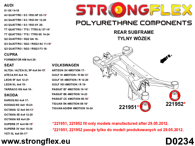 226229B Rear subframe bush kit - after 29.05.2012 Standard (Red) Audi A3 / S3 / RS3 III (13-21) 8V