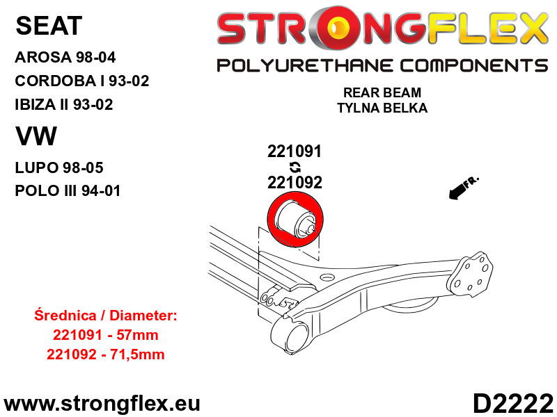 221091A Rear beam bush 57mm SPORT Sport (Yellow) Seat Córdoba I (93-02) 6K