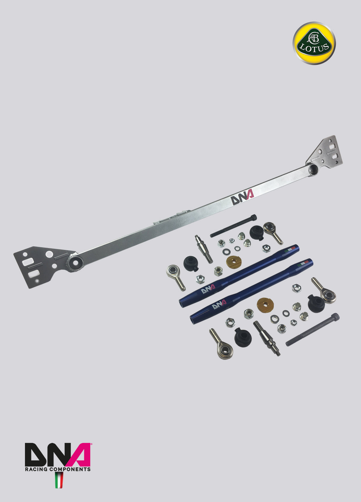 PC0873 Kit barra irrigidimento telaio e tiranti convergenza su uniball DNA Racing Lotus Elise Exige S2